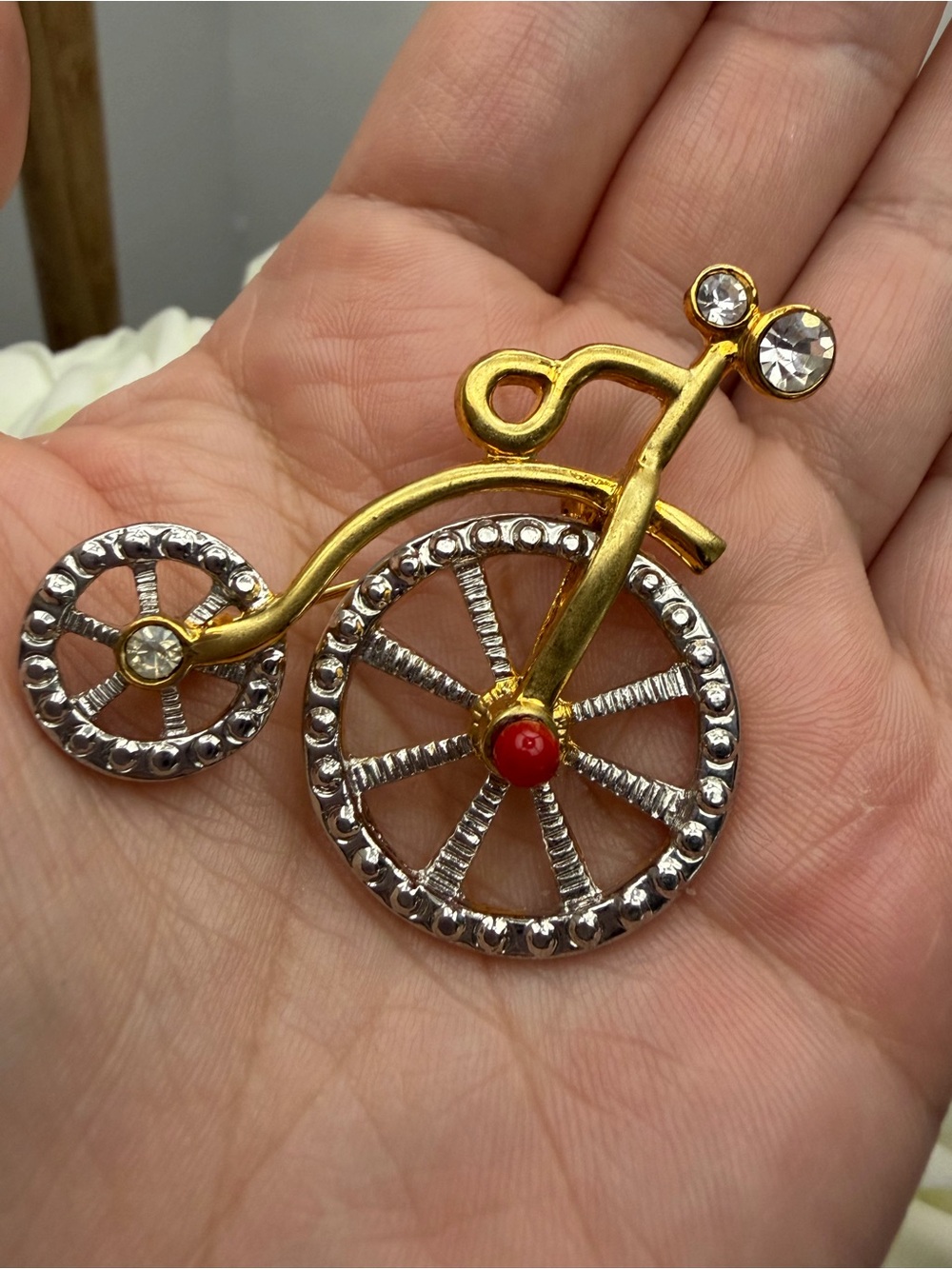 Vintage Style Bicycle Brooch with Red Accent
